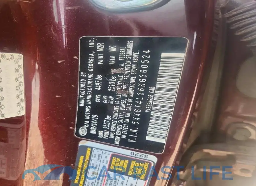 5XXGT4L36KG360524# 12