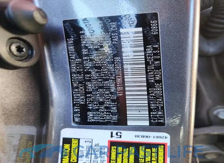 4T1B11HKXJU580798# 12