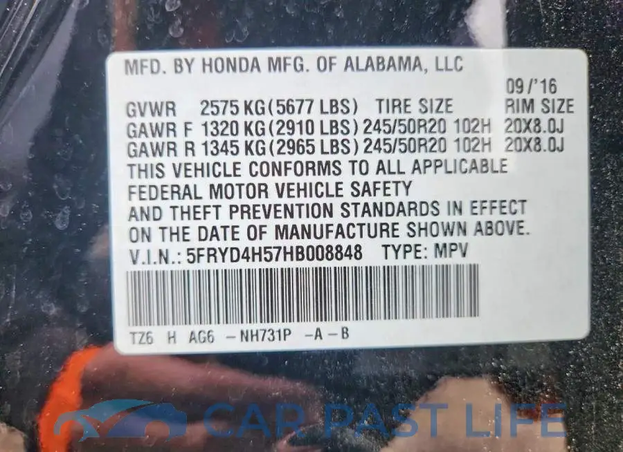5FRYD4H57HB008848# 12