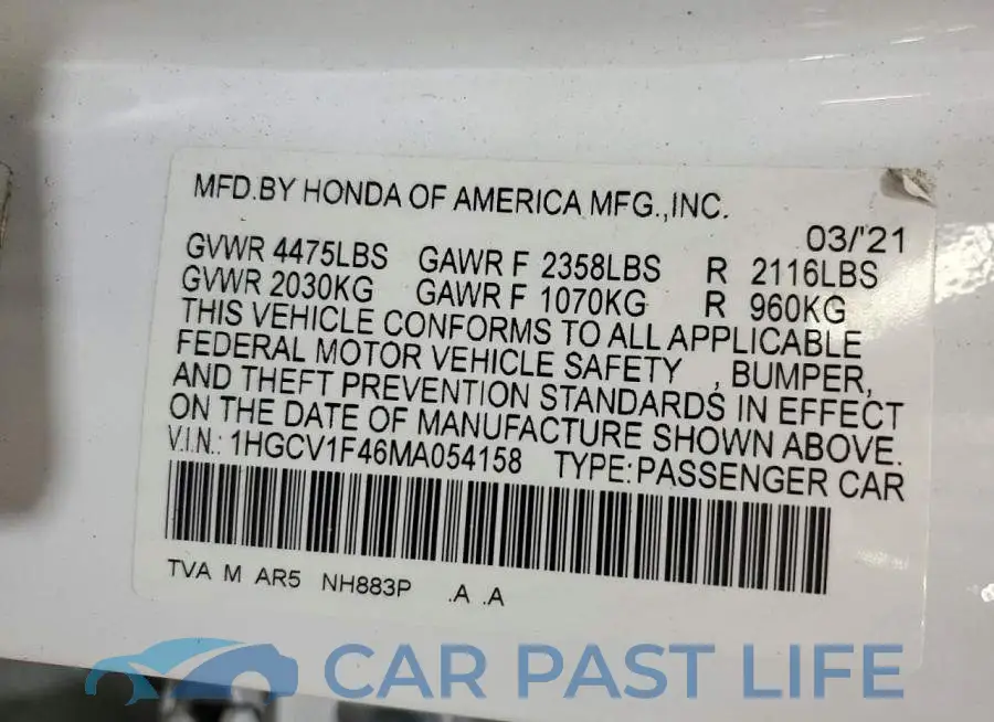 1HGCV1F46MA054158# 12