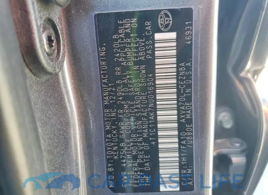 4T1C11AK7NU016904# 13