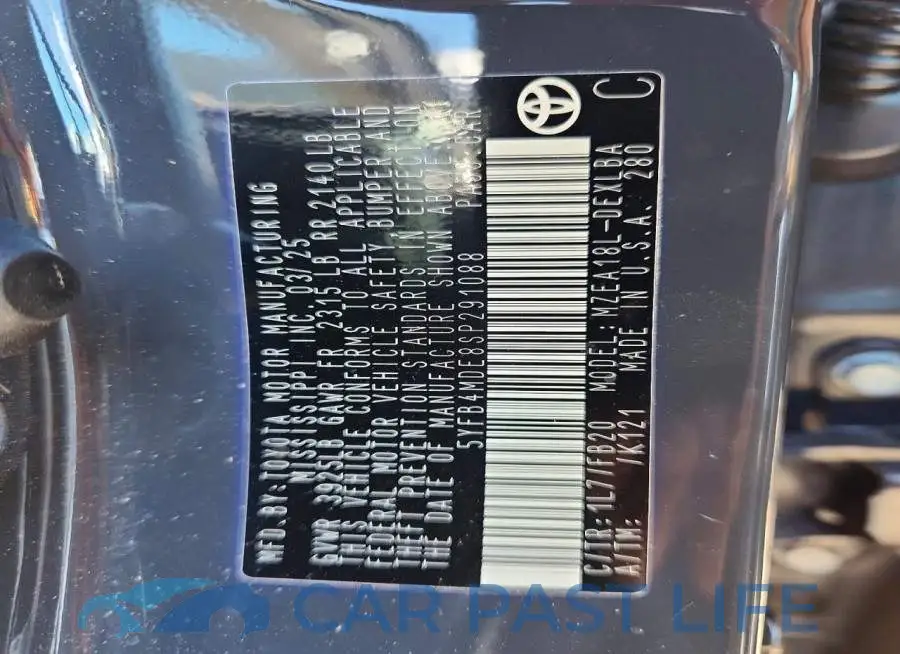 5YFB4MDE8SP291088# 12