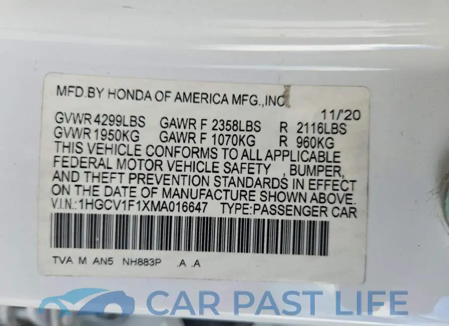 1HGCV1F1XMA016647# 13