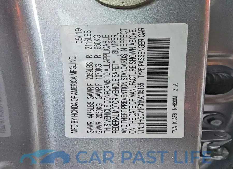 1HGCV1F31KA105165# 12