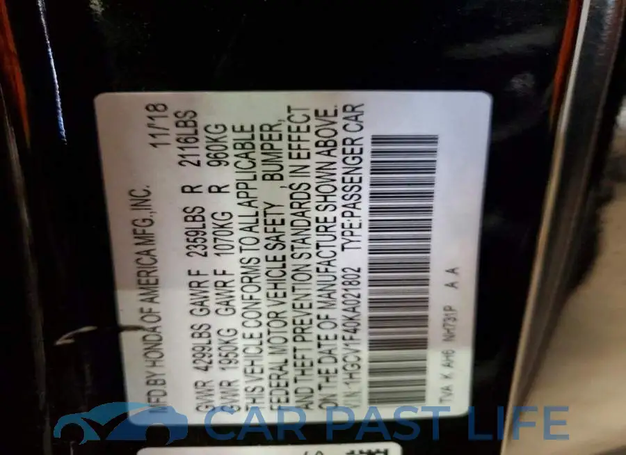 1HGCV1F40KA021802# 13