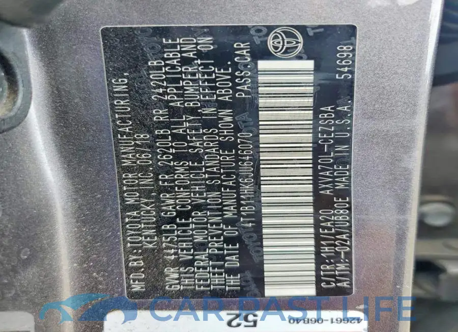 4T1B11HK6JU646070# 12
