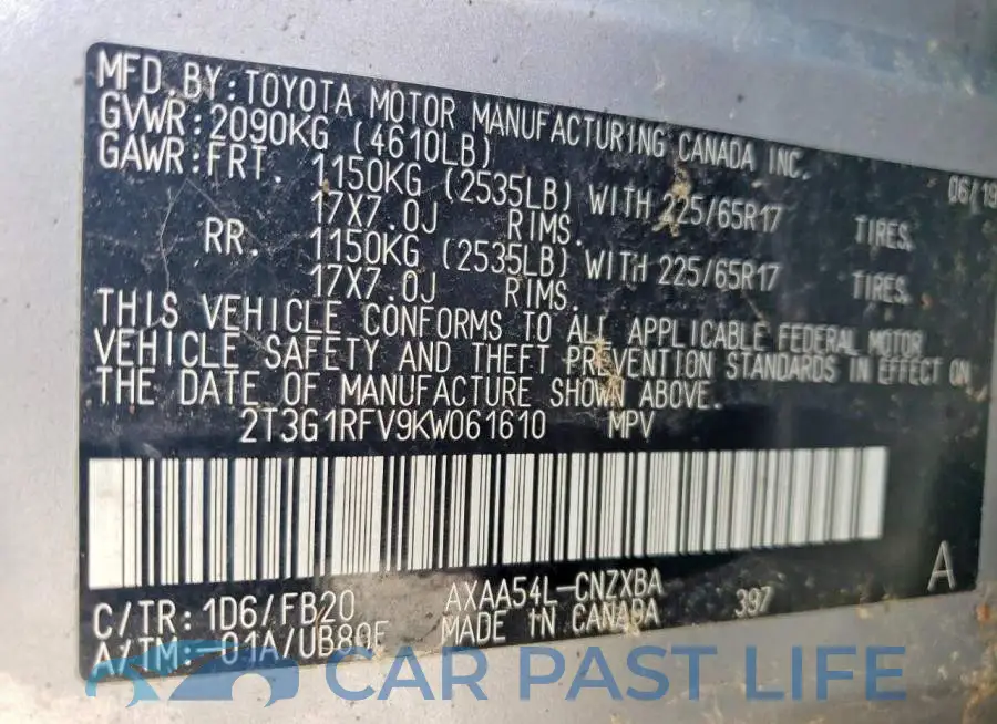 2T3G1RFV9KW061610# 12