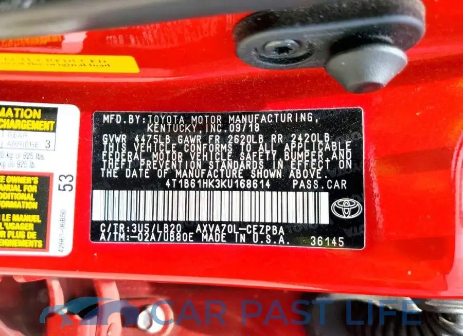 4T1B61HK3KU168614# 12