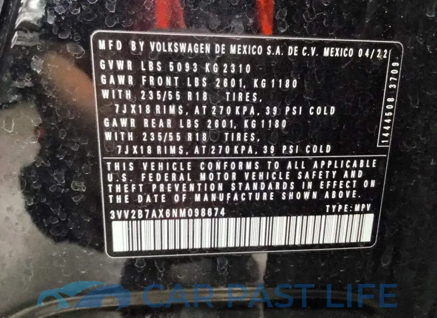 3VV2B7AX6NM098674# 13
