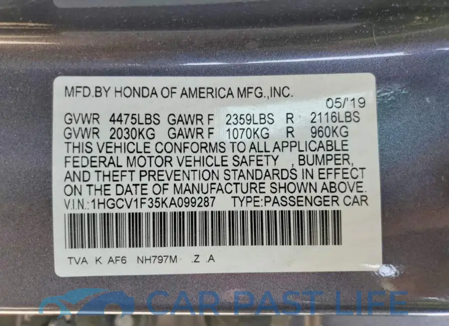 1HGCV1F35KA099287# 13