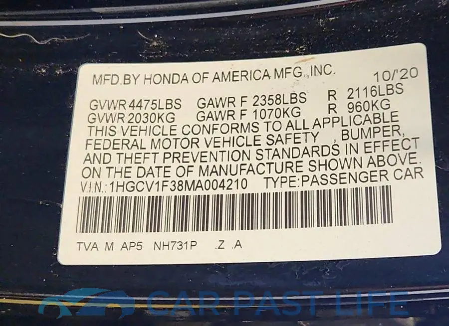 1HGCV1F38MA004210# 13