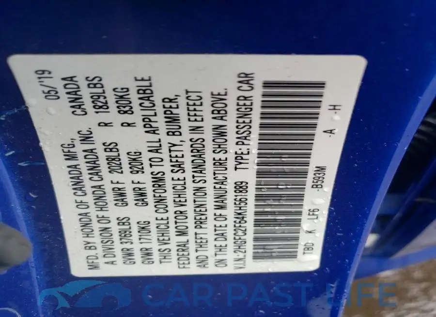 2HGFC2F64KH561889# 13