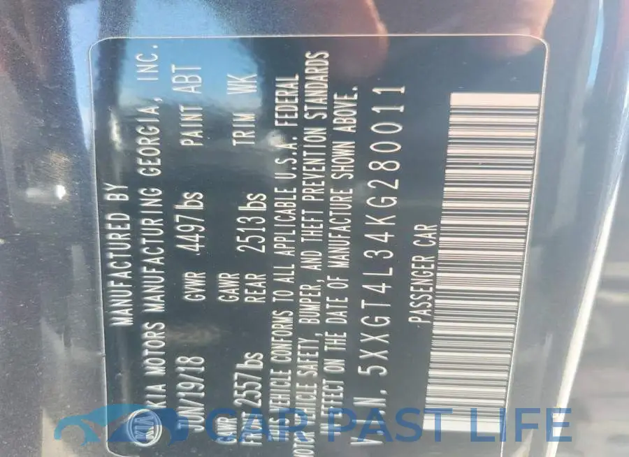 5XXGT4L34KG280011# 12
