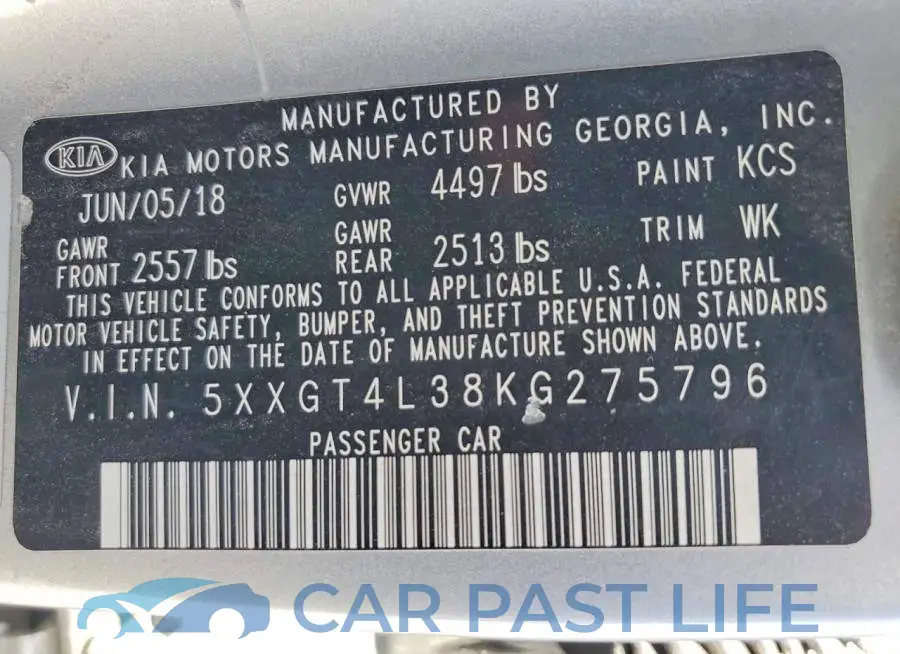 5XXGT4L38KG275796# 12