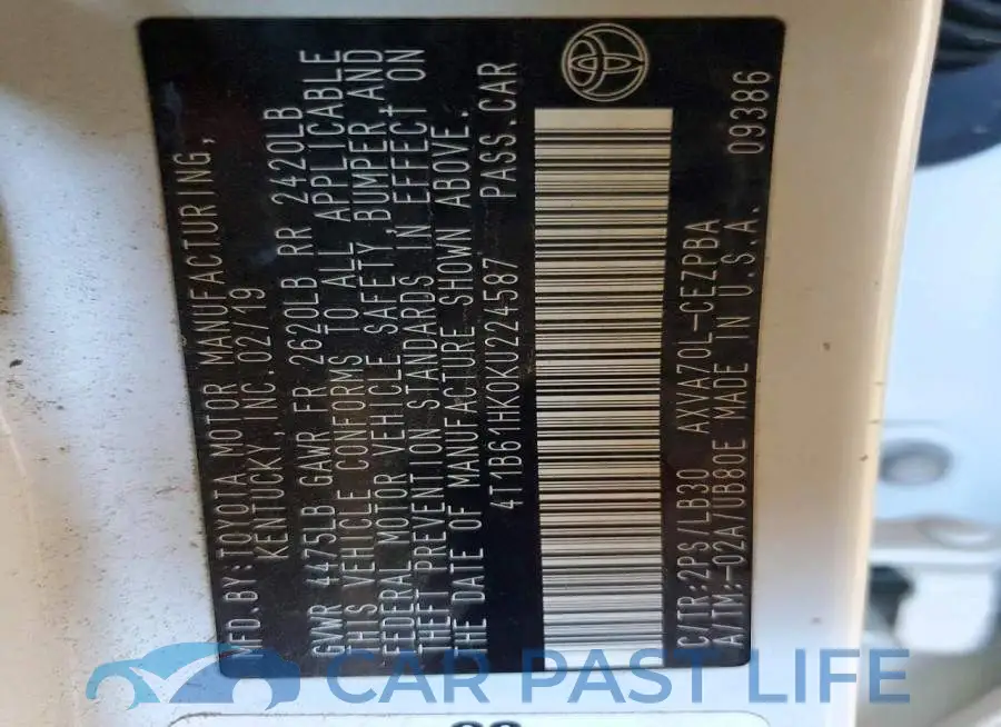 4T1B61HK0KU224587# 12