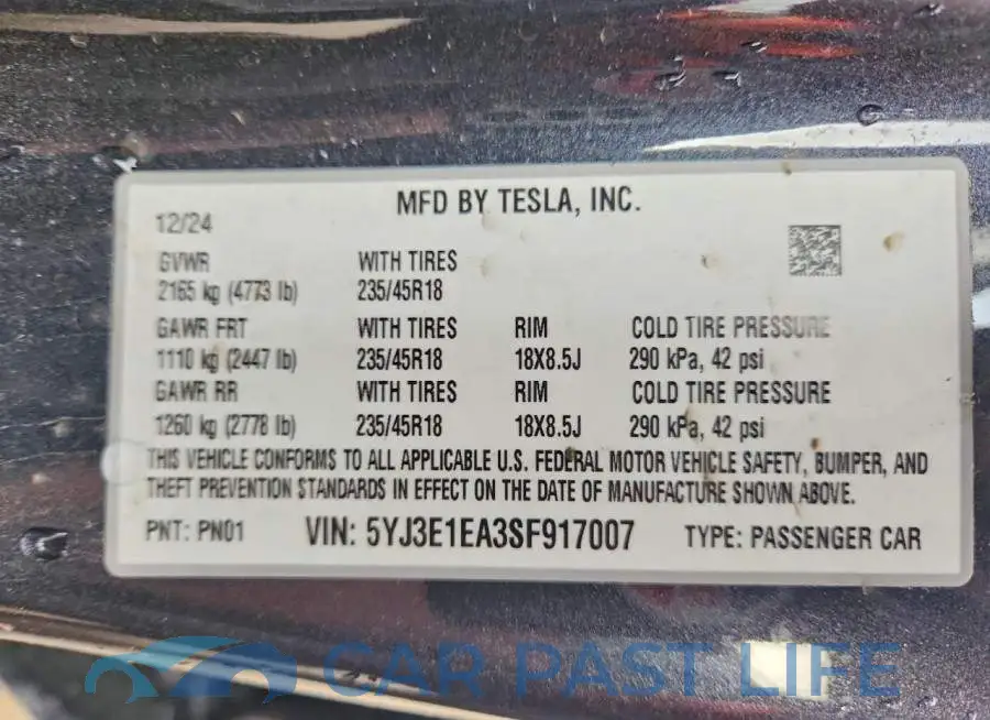 5YJ3E1EA3SF917007# 12