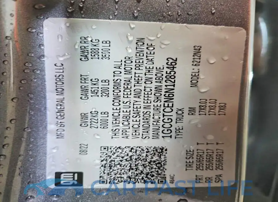 1GCGTCEN6N1285462# 12