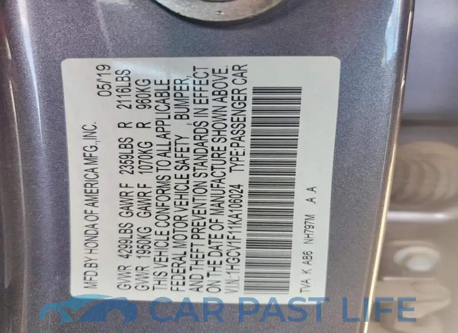 1HGCV1F11KA106024# 12