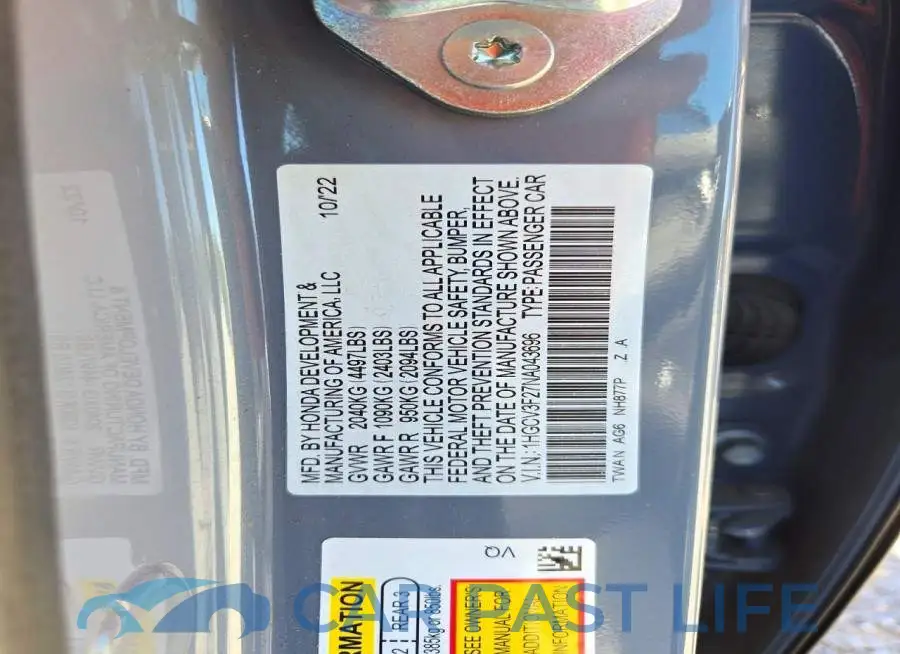 1HGCV3F27NA043696# 12