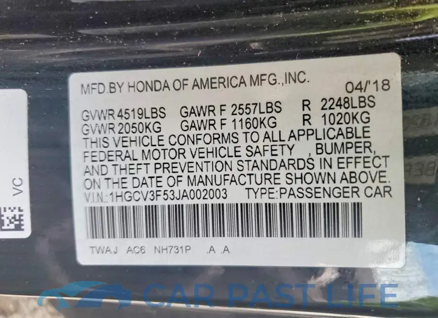 1HGCV3F53JA002003# 12