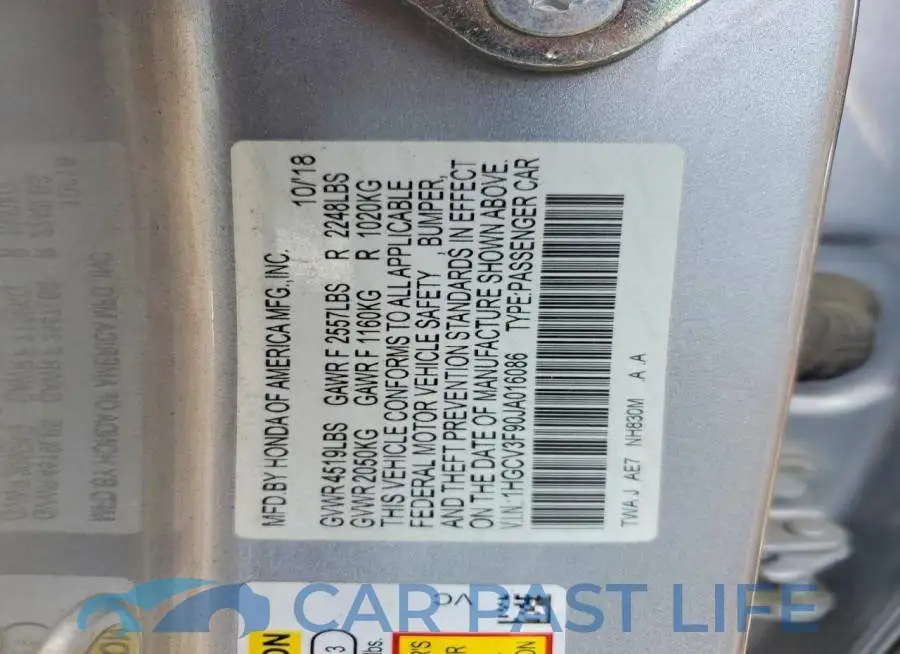 1HGCV3F90JA016086# 12