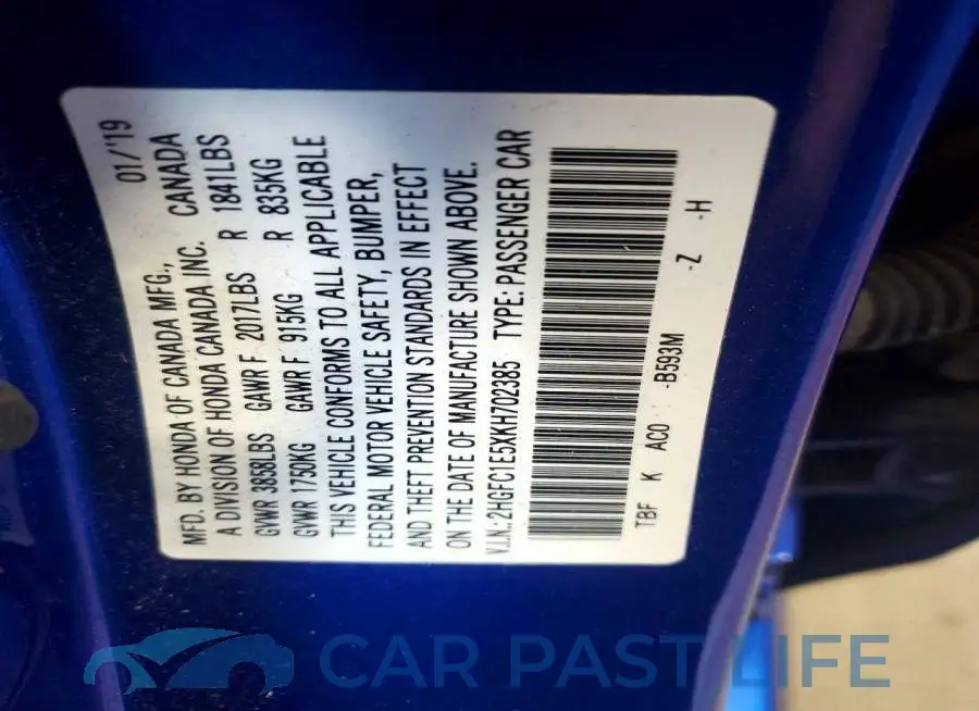 2HGFC1E5XKH702385# 12