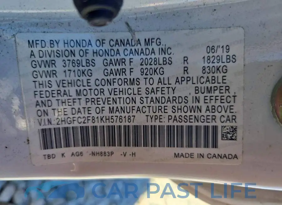2HGFC2F81KH576187# 13