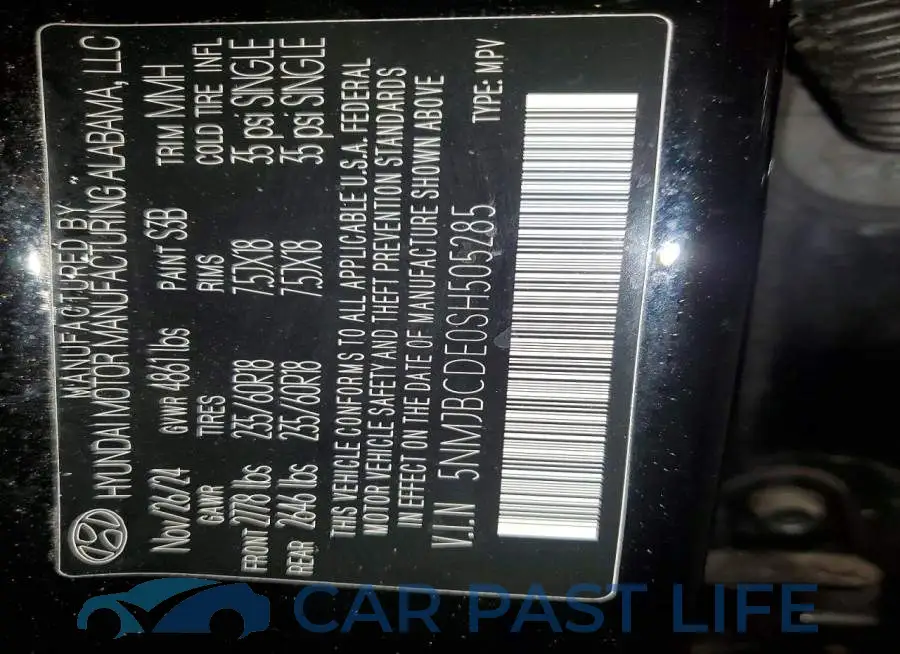 5NMJBCDE0SH505285# 13