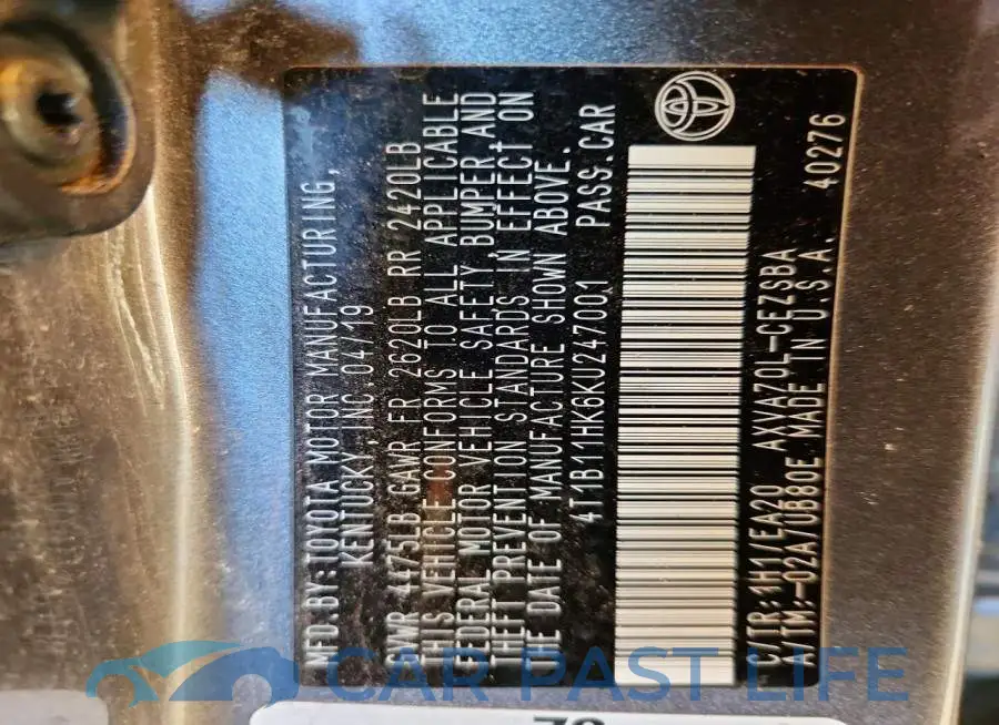 4T1B11HK6KU247001# 12