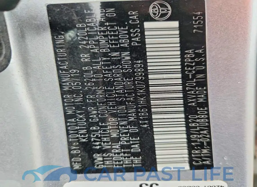 4T1B61HK1KU799894# 12
