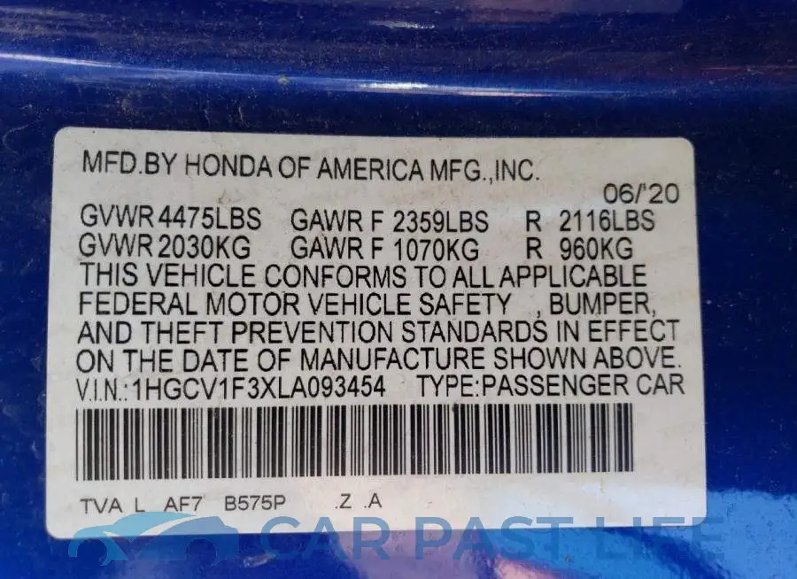 1HGCV1F3XLA093454# 12