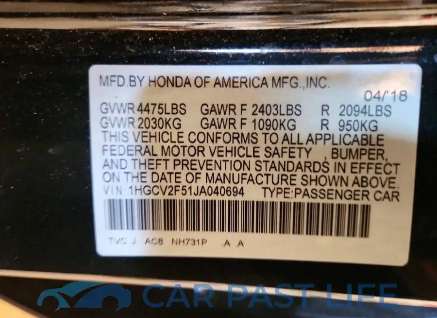 1HGCV2F51JA040694# 12