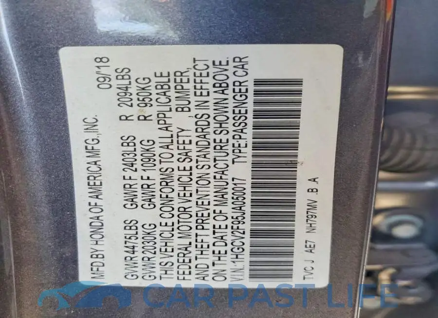 1HGCV2F95JA050017# 12