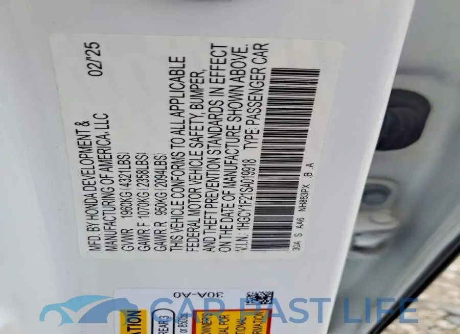1HGCY1F21SA019918# 12
