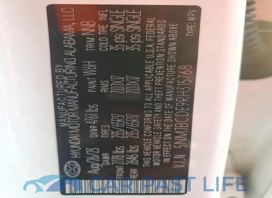 5NMJBCDE9RH315768# 12