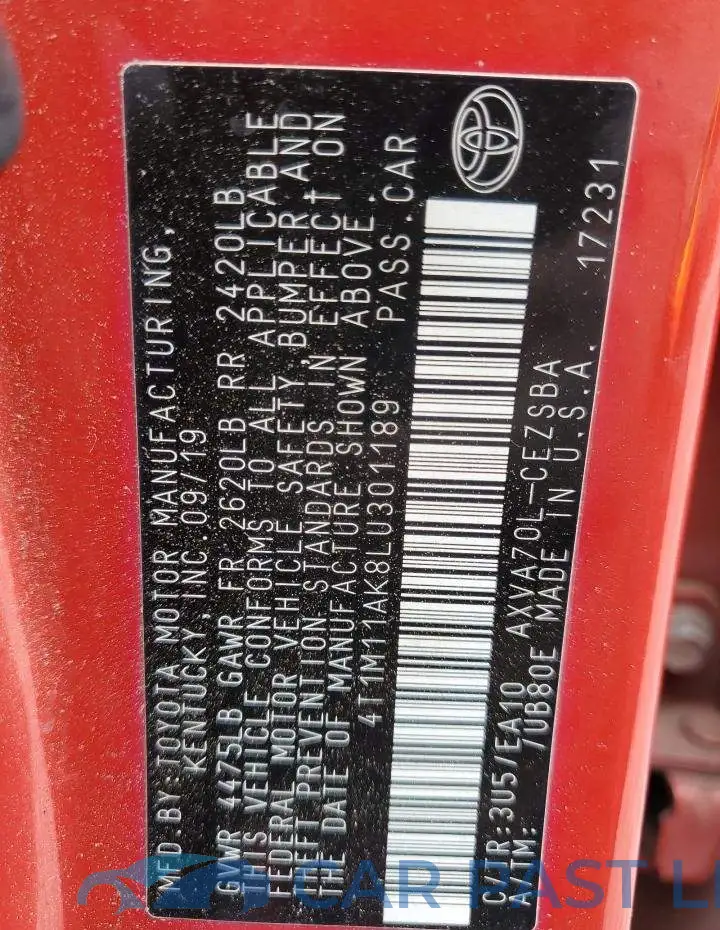 4T1M11AK8LU301189# 12