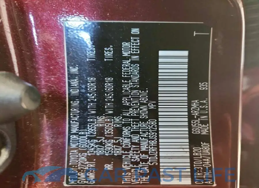 5TDJZRFH8JS912580# 12