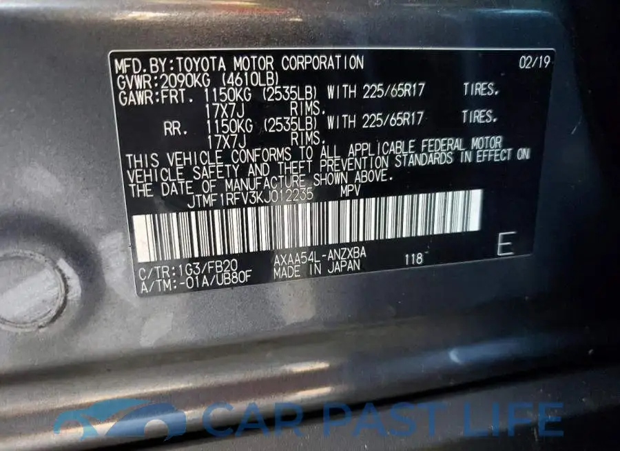 JTMF1RFV3KJ012235# 12