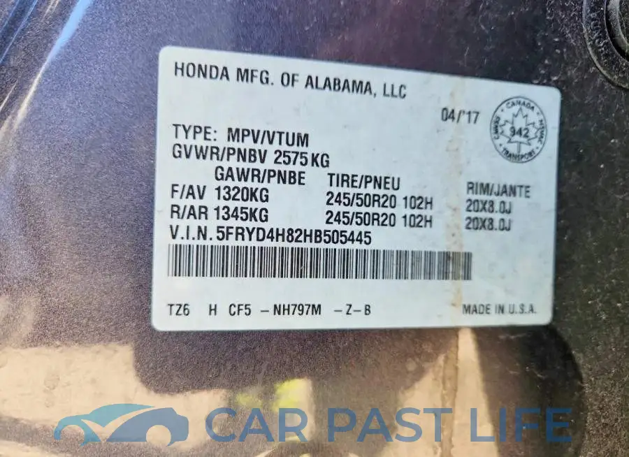 5FRYD4H82HB505445# 14