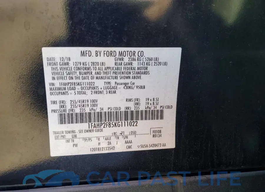 1FAHP2F85KG111022# 12
