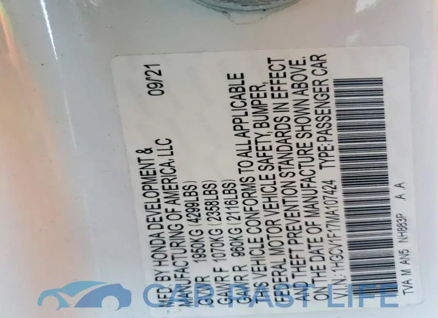 1HGCV1F17MA107424# 12