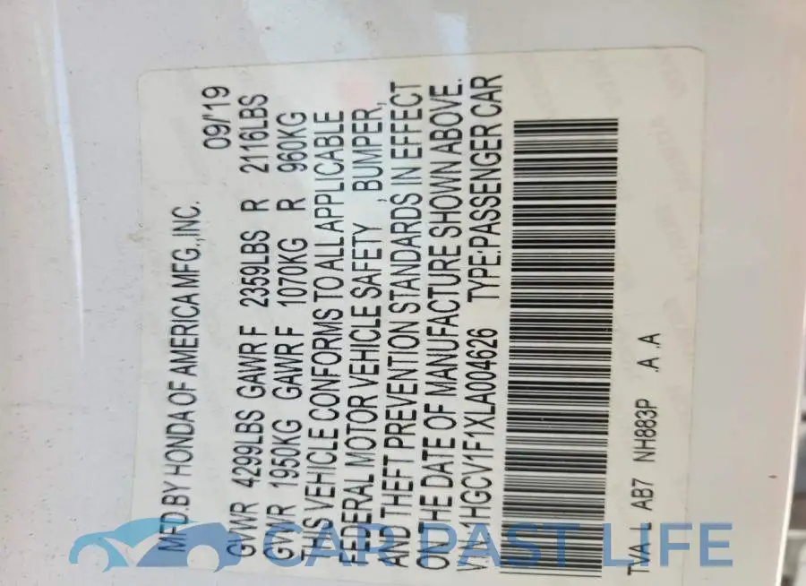 1HGCV1F1XLA004626# 13