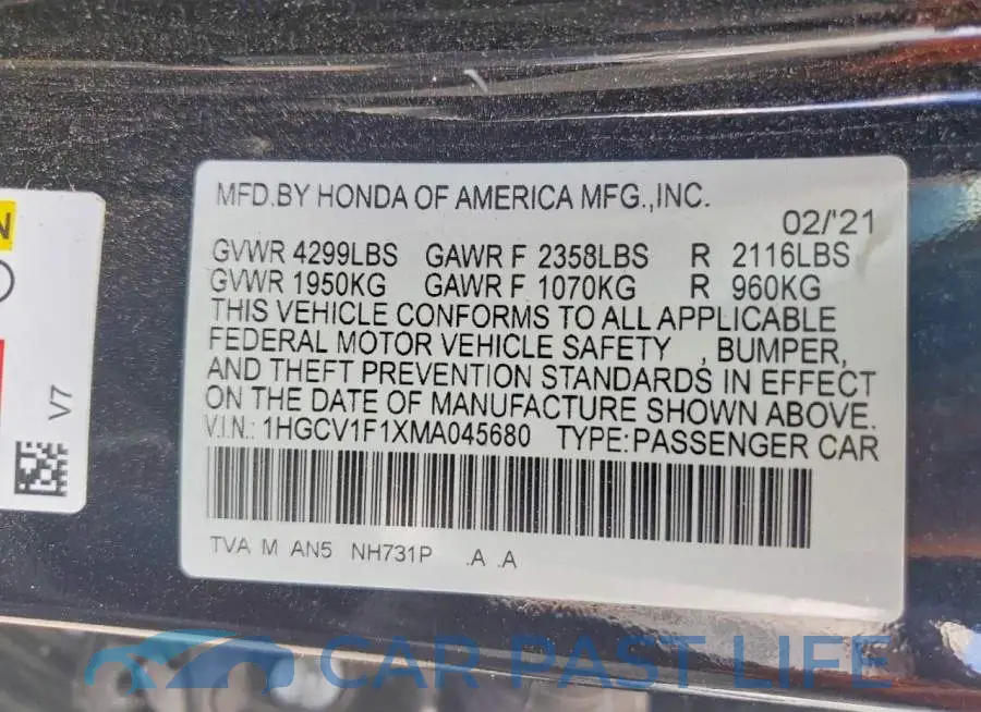 1HGCV1F1XMA045680# 12