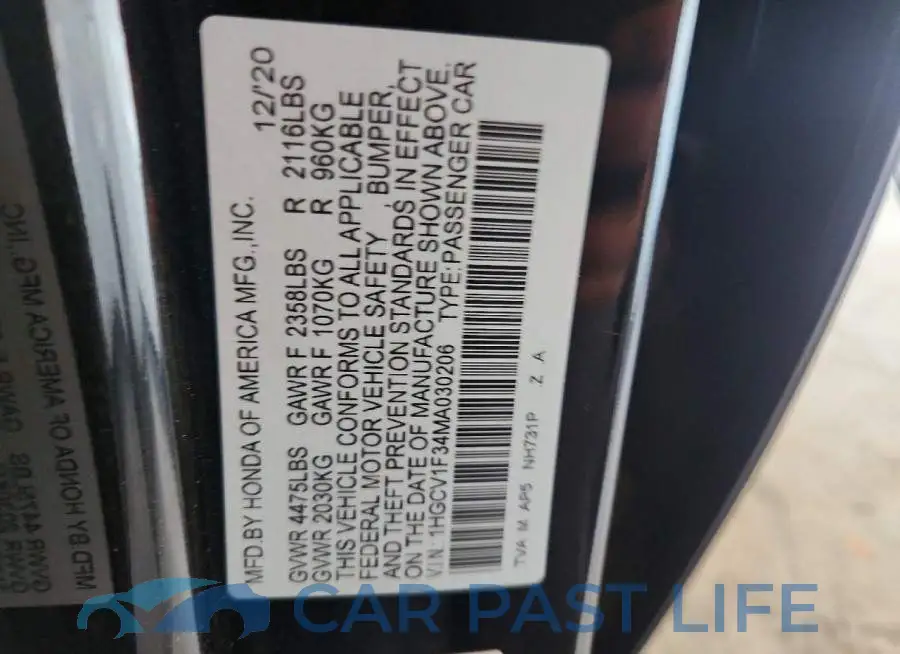 1HGCV1F34MA030206# 12