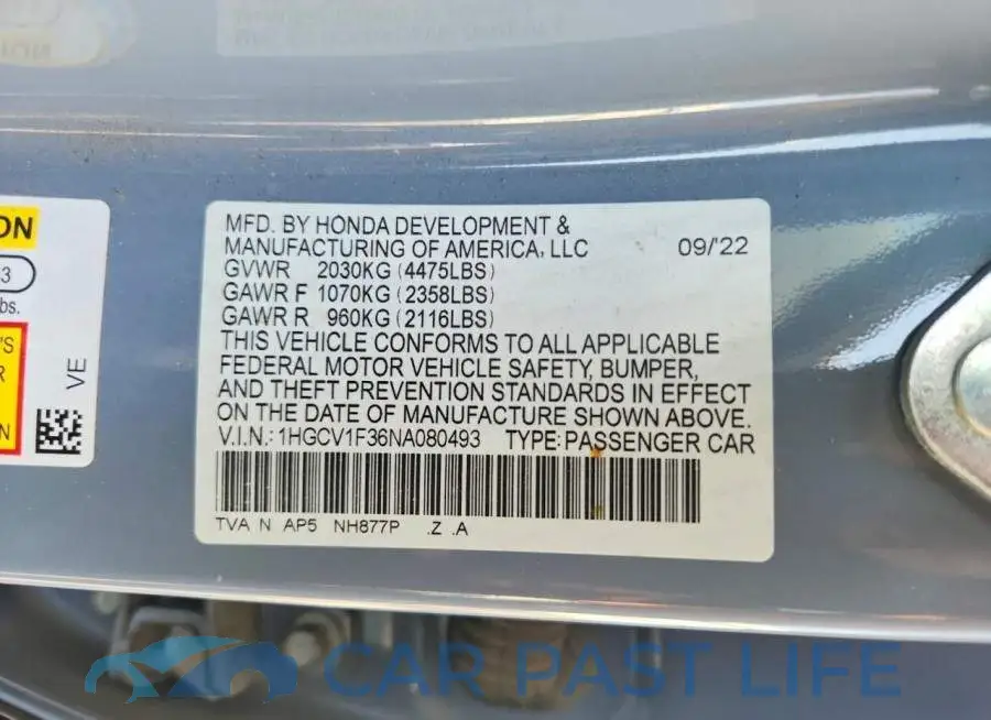 1HGCV1F36NA080493# 12