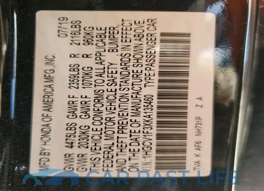 1HGCV1F3XKA135460# 13