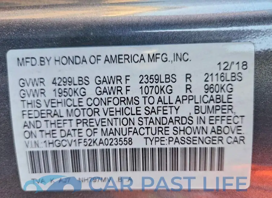1HGCV1F52KA023558# 12