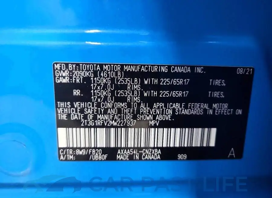 2T3G1RFV2MW227937# 13