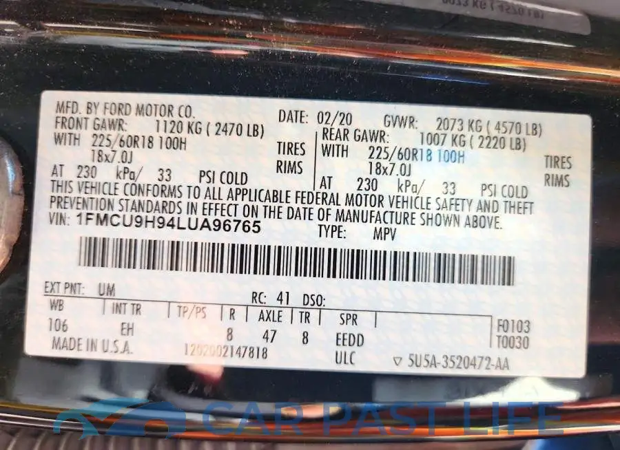 1FMCU9H94LUA96765# 12