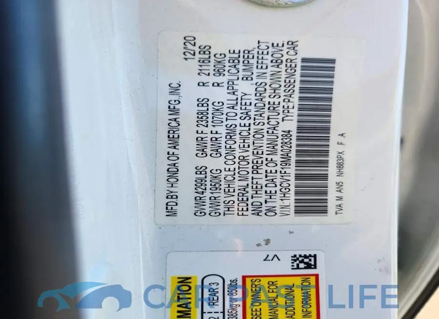 1HGCV1F19MA028384# 12